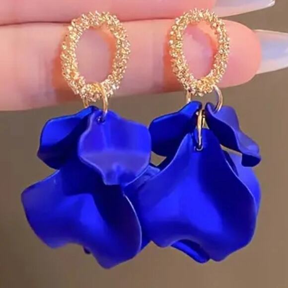 Royal Blue Flower Petals Earrings - Picture 2 of 2
